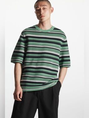 Cos Men's Green Striped Knit Tee - Casual Crew Neck
